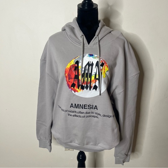 AMN Men’s Beige Amnesia Embroidered Graphic Drawstring Pullover Hoodie Sz M - Picture 2 of 7